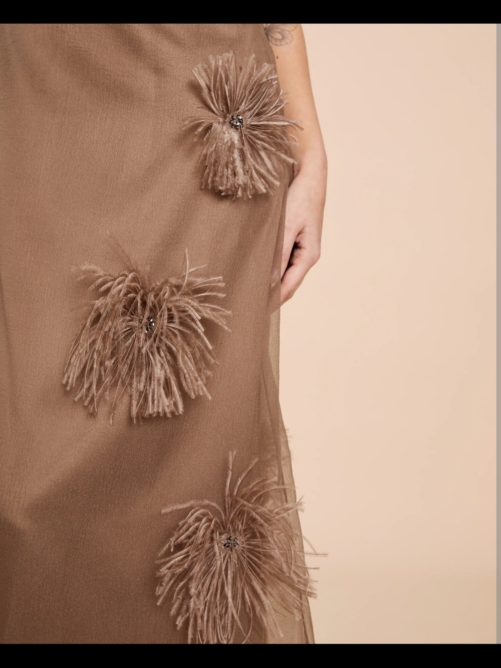 O.P.T. Naia Elegant Oatmeal Feather-Trim Maxi Dress - Picture 5 of 5